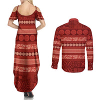 Fiji Marau na Kerisimasi Couples Matching Summer Maxi Dress and Long Sleeve Button Shirt Red Tapa Masi Inspired Christmas LT9 - Polynesian Pride
