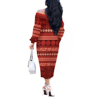 Fiji Marau na Kerisimasi Off The Shoulder Long Sleeve Dress Red Tapa Masi Inspired Christmas - Polynesian Pride