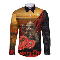 Maori Kiwi Soldier Fern Tattoo ANZAC Day Long Sleeve Button Shirt Lest We Forget LT9 Unisex Black - Polynesian Pride
