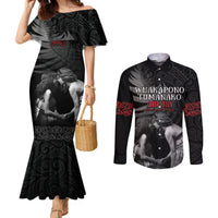 New Zealand Mother's Day Couples Matching Mermaid Dress and Long Sleeve Button Shirt Maori Hongi Aroha Ahau Ki A Koe Mama LT9 Black - Polynesian Pride
