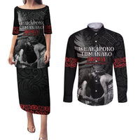 New Zealand Mother's Day Couples Matching Puletasi and Long Sleeve Button Shirt Maori Hongi Aroha Ahau Ki A Koe Mama LT9 Black - Polynesian Pride