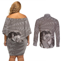 New Zealand Mother's Day Couples Matching Off Shoulder Short Dress and Long Sleeve Button Shirt Maori Mo Toku Mama Silver Fern LT9 - Polynesian Pride