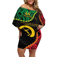 Personalised Vanuatu 44th Anniversary Off Shoulder Short Dress Tugeta Yumi Selebretem Indipendens Dei LT9 Women Black - Polynesian Pride