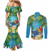 5 Oclock Somewhere Couples Matching Mermaid Dress and Long Sleeve Button Shirt Hawaii Parrots Cocktail Summer Beach Vibe - Polynesian Pride