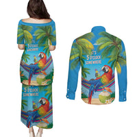 5 Oclock Somewhere Couples Matching Puletasi and Long Sleeve Button Shirt Hawaii Parrots Cocktail Summer Beach Vibe LT9 - Polynesian Pride