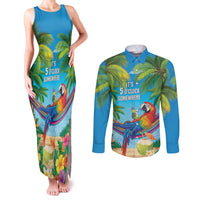 5 Oclock Somewhere Couples Matching Tank Maxi Dress and Long Sleeve Button Shirt Hawaii Parrots Cocktail Summer Beach Vibe LT9 Blue - Polynesian Pride