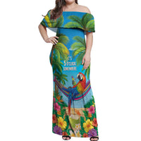 5 Oclock Somewhere Off Shoulder Maxi Dress Hawaii Parrots Cocktail Summer Beach Vibe - Polynesian Pride