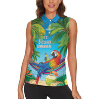 5 Oclock Somewhere Women Sleeveless Polo Shirt Hawaii Parrots Cocktail Summer Beach Vibe - Polynesian Pride