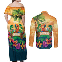 5 Oclock Somewhere Personalized Couples Matching Off Shoulder Maxi Dress and Long Sleeve Button Shirt Hawaii Parrots Plumeria Summer Vibe - Polynesian Pride
