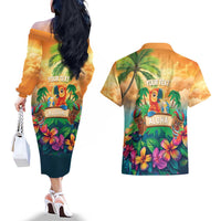 5 Oclock Somewhere Personalized Couples Matching Off The Shoulder Long Sleeve Dress and Hawaiian Shirt Hawaii Parrots Plumeria Summer Vibe - Polynesian Pride