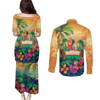 5 Oclock Somewhere Personalized Couples Matching Puletasi and Long Sleeve Button Shirt Hawaii Parrots Plumeria Summer Vibe - Polynesian Pride