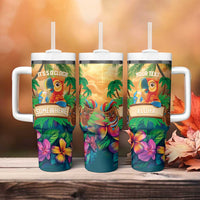 5 Oclock Somewhere Personalized Tumbler With Handle Hawaii Parrots Plumeria Summer Vibe - Polynesian Pride
