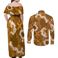 Mokihana Maile and Ilima Leis Couples Matching Off Shoulder Maxi Dress and Long Sleeve Button Shirt Alani Hawaiian Tapa Quilt Pattern - Polynesian Pride
