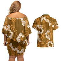 Mokihana Maile and Ilima Leis Couples Matching Off Shoulder Short Dress and Hawaiian Shirt Alani Hawaiian Tapa Quilt Pattern - Polynesian Pride