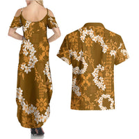 Mokihana Maile and Ilima Leis Couples Matching Summer Maxi Dress and Hawaiian Shirt Alani Hawaiian Tapa Quilt Pattern - Polynesian Pride