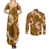 Mokihana Maile and Ilima Leis Couples Matching Summer Maxi Dress and Long Sleeve Button Shirt Alani Hawaiian Tapa Quilt Pattern - Polynesian Pride