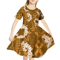 Mokihana Maile and Ilima Leis Kid Short Sleeve Dress Alani Hawaiian Tapa Quilt Pattern - Polynesian Pride