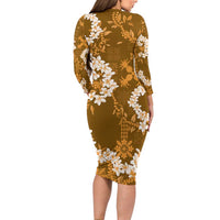Mokihana Maile and Ilima Leis Long Sleeve Bodycon Dress Alani Hawaiian Tapa Quilt Pattern - Polynesian Pride