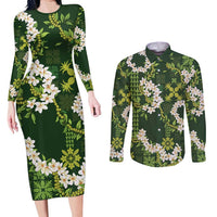 Mokihana Maile and Ilima Leis Couples Matching Long Sleeve Bodycon Dress and Long Sleeve Button Shirt Omaʻomaʻo Hawaiian Tapa Quilt Pattern - Polynesian Pride