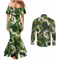 Mokihana Maile and Ilima Leis Couples Matching Mermaid Dress and Long Sleeve Button Shirt Omaʻomaʻo Hawaiian Tapa Quilt Pattern - Polynesian Pride