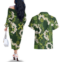 Mokihana Maile and Ilima Leis Couples Matching Off The Shoulder Long Sleeve Dress and Hawaiian Shirt Omaʻomaʻo Hawaiian Tapa Quilt Pattern - Polynesian Pride