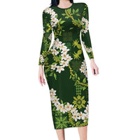 Mokihana Maile and Ilima Leis Family Matching Long Sleeve Bodycon Dress and Hawaiian Shirt Omaʻomaʻo Hawaiian Tapa Quilt Pattern - Polynesian Pride