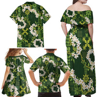 Mokihana Maile and Ilima Leis Family Matching Off Shoulder Maxi Dress and Hawaiian Shirt Omaʻomaʻo Hawaiian Tapa Quilt Pattern - Polynesian Pride