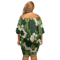 Mokihana Maile and Ilima Leis Off Shoulder Short Dress Omaʻomaʻo Hawaiian Tapa Quilt Pattern - Polynesian Pride