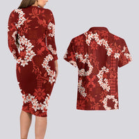 Mokihana Maile and Ilima Leis Couples Matching Long Sleeve Bodycon Dress and Hawaiian Shirt Ulaʻula Hawaiian Tapa Quilt Pattern - Polynesian Pride