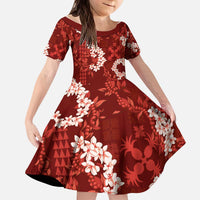 Mokihana Maile and Ilima Leis Kid Short Sleeve Dress Ulaʻula Hawaiian Tapa Quilt Pattern - Polynesian Pride