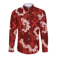 Mokihana Maile and Ilima Leis Long Sleeve Button Shirt Ulaʻula Hawaiian Tapa Quilt Pattern - Polynesian Pride
