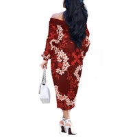 Mokihana Maile and Ilima Leis Off The Shoulder Long Sleeve Dress Ulaʻula Hawaiian Tapa Quilt Pattern - Polynesian Pride