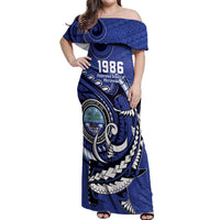 Personalized FSM 1986 Independence Day Off Shoulder Maxi Dress Polynesian Shark Tattoo Style