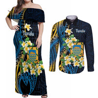 Personalised Tuvalu Beautiful Plumeria Flower Couples Matching Off Shoulder Maxi Dress and Long Sleeve Button Shirt LT9 Black - Polynesian Pride