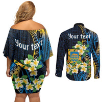 Personalised Tuvalu Beautiful Plumeria Flower Couples Matching Off Shoulder Short Dress and Long Sleeve Button Shirt LT9 - Polynesian Pride