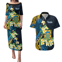 Personalised Tuvalu Beautiful Plumeria Flower Couples Matching Puletasi and Hawaiian Shirt LT9 Black - Polynesian Pride