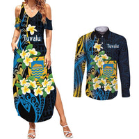 Personalised Tuvalu Beautiful Plumeria Flower Couples Matching Summer Maxi Dress and Long Sleeve Button Shirt LT9 Black - Polynesian Pride