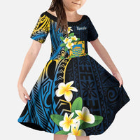 Personalised Tuvalu Beautiful Plumeria Flower Family Matching Short Sleeve Bodycon Dress and Hawaiian Shirt LT9 Daughter's Dress Black - Polynesian Pride