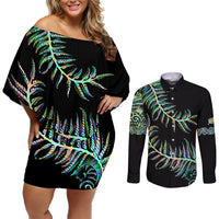 New Zealand Couples Matching Off Shoulder Short Dress and Long Sleeve Button Shirt Aotearoa Silver Fern Mixed Papua Shell Green Vibe LT9 Green - Polynesian Pride
