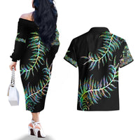New Zealand Couples Matching Off The Shoulder Long Sleeve Dress and Hawaiian Shirt Aotearoa Silver Fern Mixed Papua Shell Green Vibe LT9 - Polynesian Pride