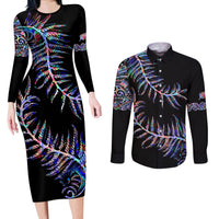 New Zealand Couples Matching Long Sleeve Bodycon Dress and Long Sleeve Button Shirt Aotearoa Silver Fern Mixed Papua Shell Purple Vibe LT9 Purple - Polynesian Pride