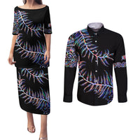 New Zealand Couples Matching Puletasi Dress and Long Sleeve Button Shirt Aotearoa Silver Fern Mixed Papua Shell Purple Vibe LT9 Purple - Polynesian Pride