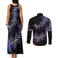 New Zealand Couples Matching Tank Maxi Dress and Long Sleeve Button Shirt Aotearoa Silver Fern Mixed Papua Shell Purple Vibe LT9 - Polynesian Pride