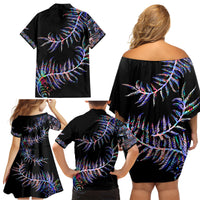 New Zealand Family Matching Off Shoulder Short Dress and Hawaiian Shirt Aotearoa Silver Fern Mixed Papua Shell Purple Vibe LT9 - Polynesian Pride
