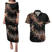 New Zealand Couples Matching Puletasi Dress and Hawaiian Shirt Aotearoa Silver Fern Mixed Papua Shell Red Vibe LT9 Red - Polynesian Pride
