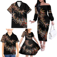 New Zealand Family Matching Off Shoulder Long Sleeve Dress and Hawaiian Shirt Aotearoa Silver Fern Mixed Papua Shell Red Vibe LT9 - Polynesian Pride