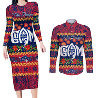 Personalised Guam Christmas Couples Matching Long Sleeve Bodycon Dress and Long Sleeve Button Shirt Felis Pusgua Santa Beach Polynesian Pattern LT9 Blue - Polynesian Pride