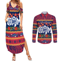 Personalised Guam Christmas Couples Matching Summer Maxi Dress and Long Sleeve Button Shirt Felis Pusgua Santa Beach Polynesian Pattern LT9 Blue - Polynesian Pride