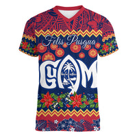 Personalised Guam Christmas Women V Neck T Shirt Felis Pusgua Santa Beach Polynesian Pattern LT9 Female Blue - Polynesian Pride