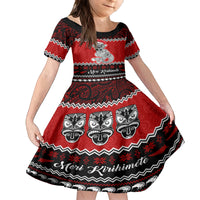 Personalised New Zealand Christmas Family Matching Off Shoulder Short Dress and Hawaiian Shirt Maori Tiki Meri Kirihimete LT9 Daughter's Dress Red - Polynesian Pride